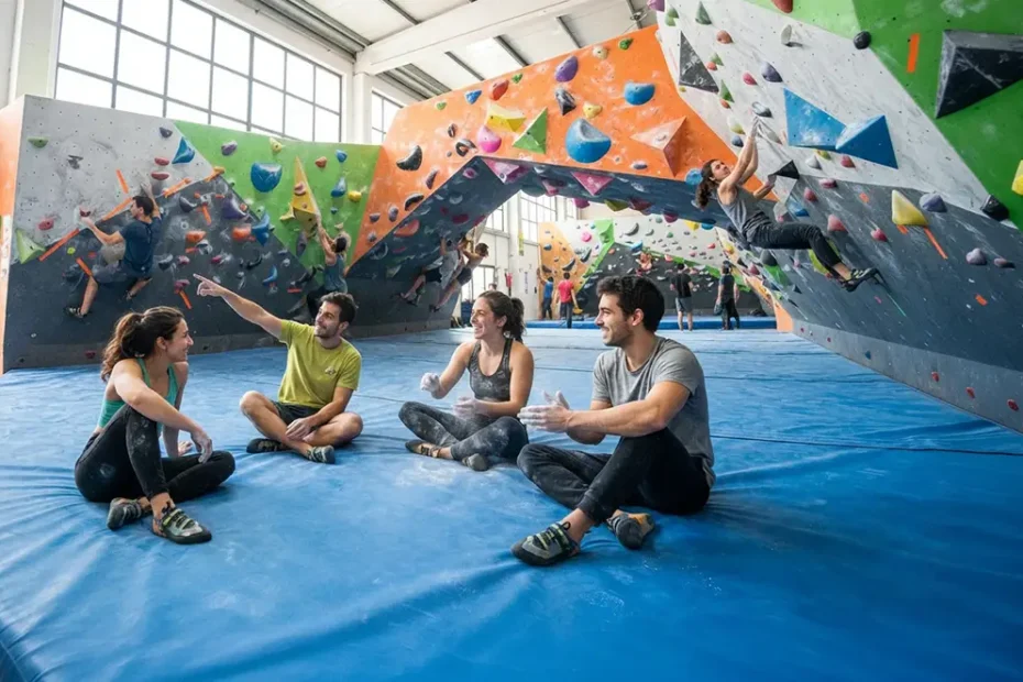 Sala de búlder en Madrid con paredes de escalada y colchonetas de caída