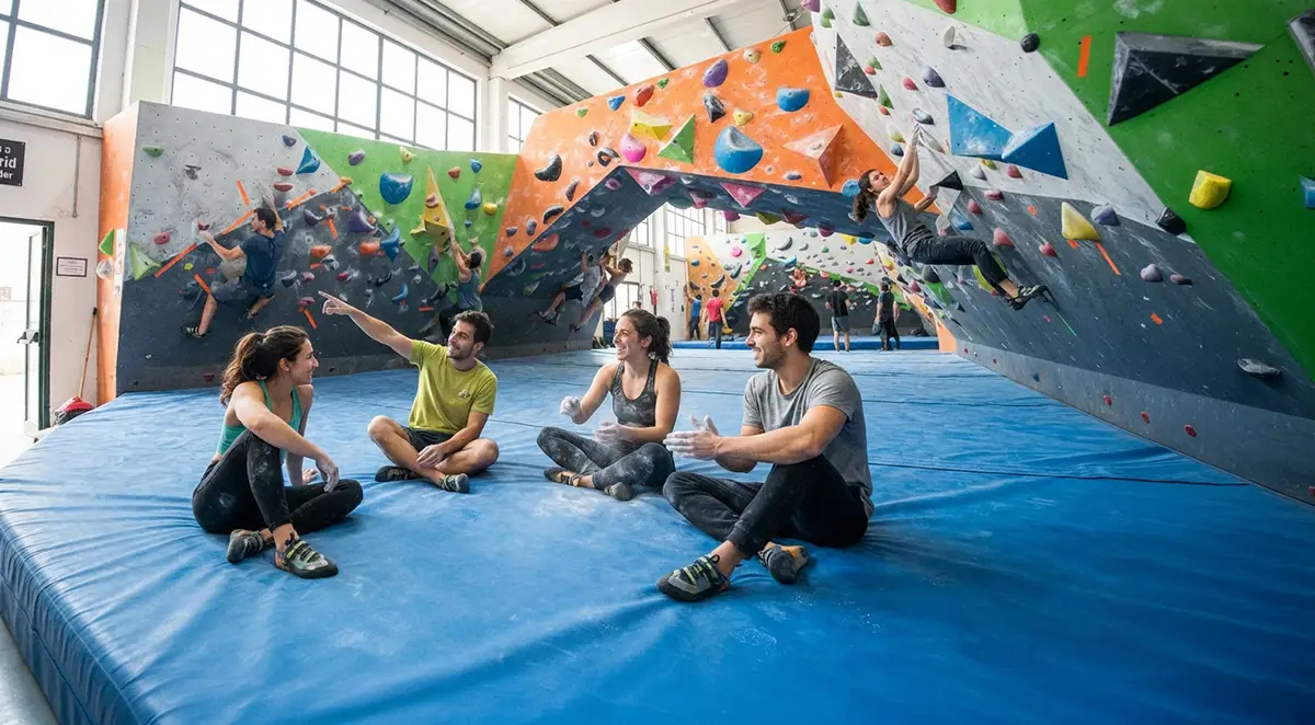 Sala de búlder en Madrid con paredes de escalada y colchonetas de caída