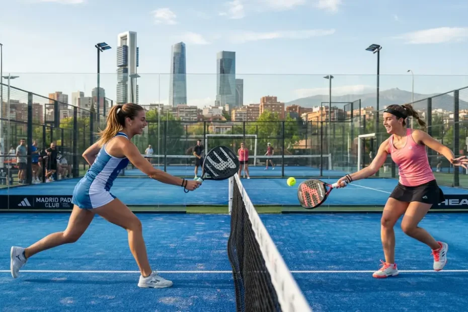 Pista de pádel exterior en Madrid con jugadores disputando un partido