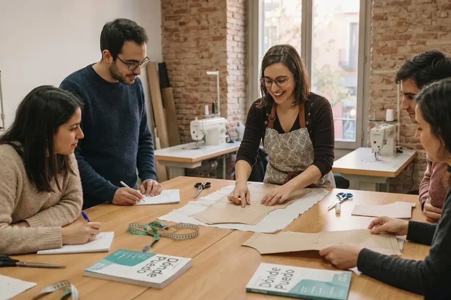 Persona aprendiendo a coser con una máquina de coser en un taller de Madrid