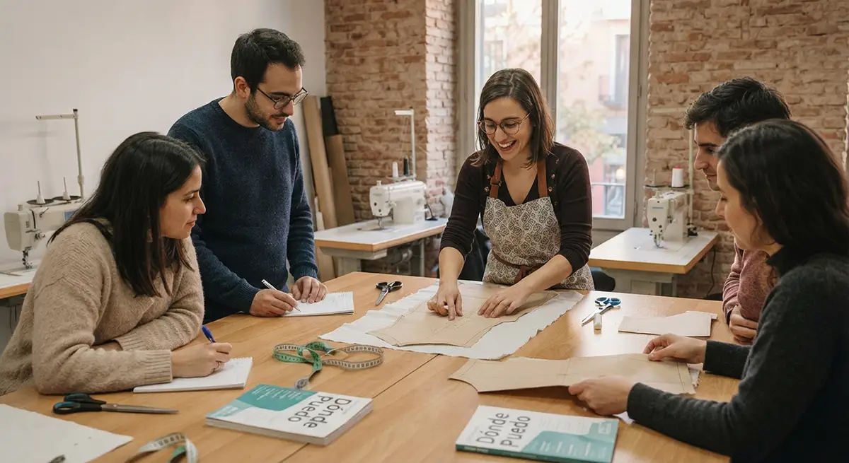 Persona aprendiendo a coser con una máquina de coser en un taller de Madrid