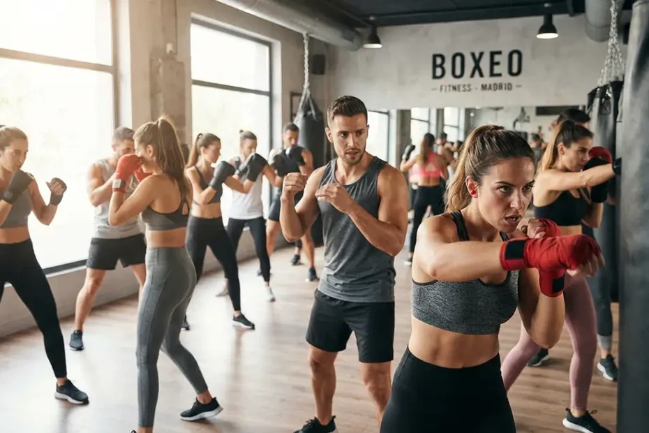 Dos personas entrenando boxeo con guantes en un gimnasio de Madrid