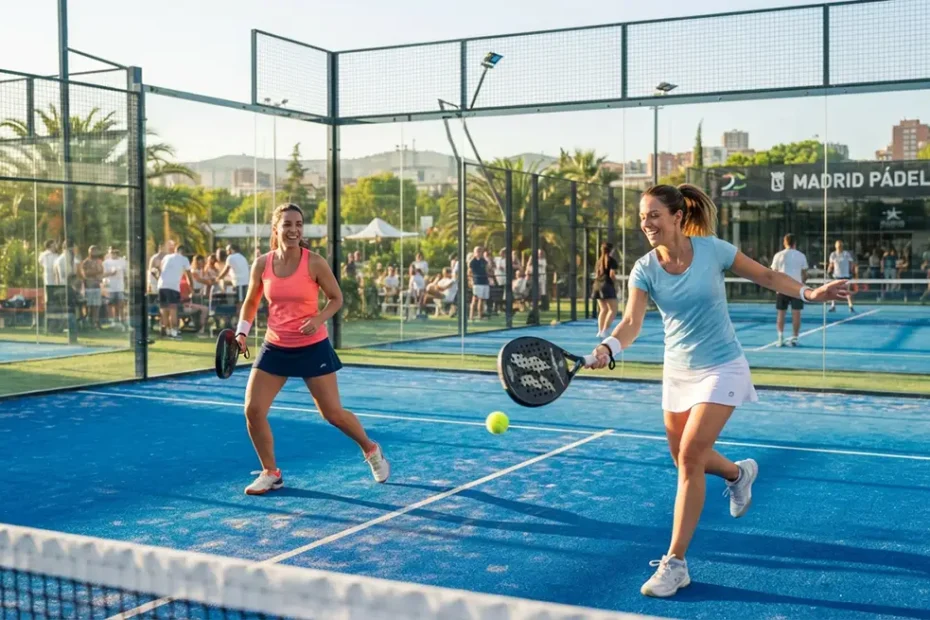 Jugadores de pádel en una pista cubierta de un club en Madrid